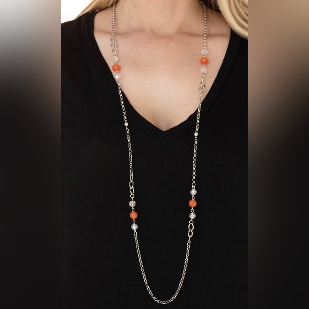 TEASINGLY TRENDY - ORANGE BEAD CAT'S EYE STONE SILVER NECKLACE